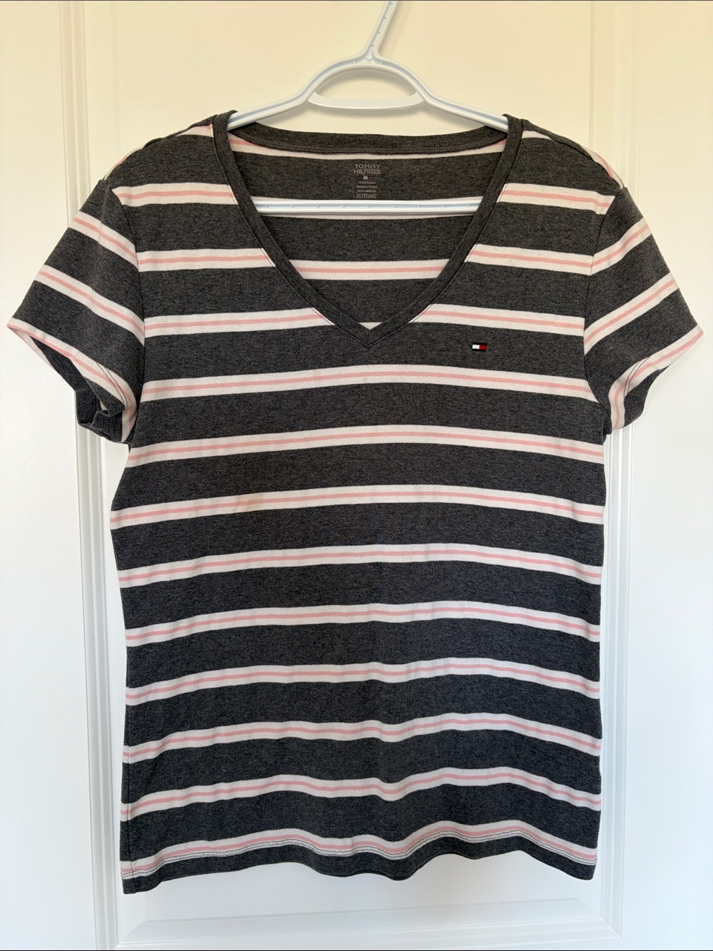 Tommy Hilfiger Charcoal V-Neck Tee with Pink and White Stripes